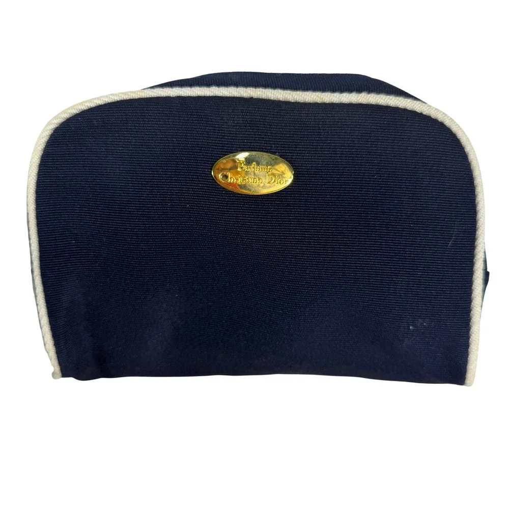 Vintage Christian Dior Parfums Cosmetic Make Up Bag Pouch Canvas Navy‎ Blue